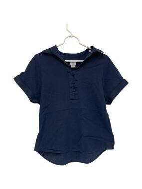 Chicos Short Sleeve Blouse Womens Size 0 4/6 Navy Blue Collared Loop Button